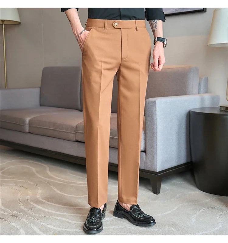 2025  New Autumn Green Premium Dark Stripe Formal Pants for Men,Coffee Slim Small Foot Mens Casual Trousers/Dress Pants Men