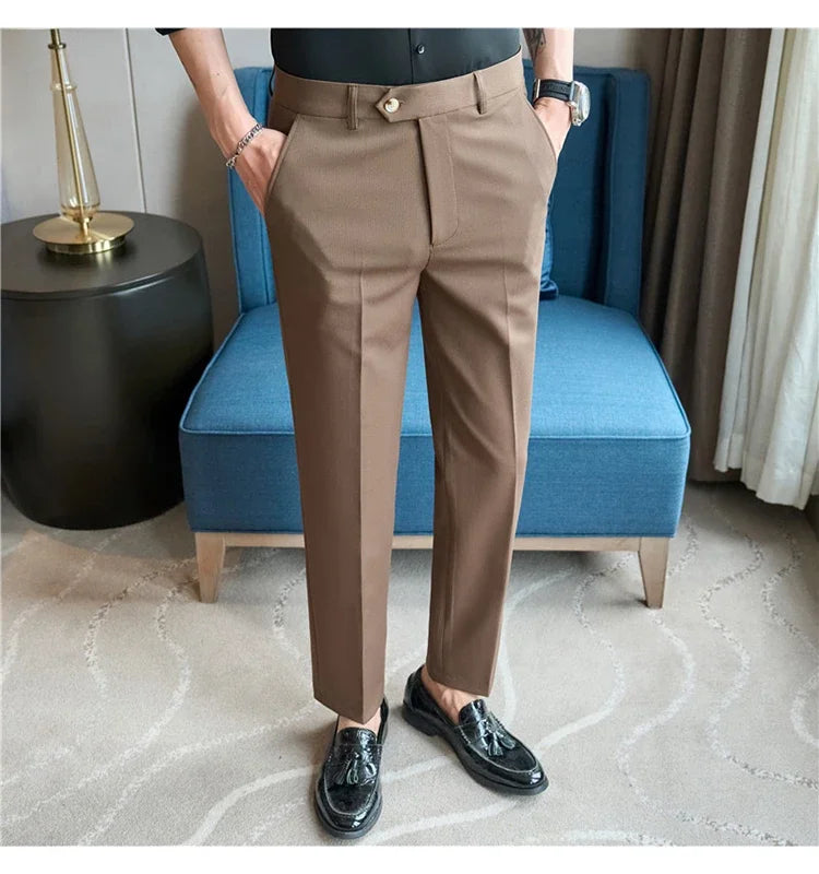 2025  New Autumn Green Premium Dark Stripe Formal Pants for Men,Coffee Slim Small Foot Mens Casual Trousers/Dress Pants Men