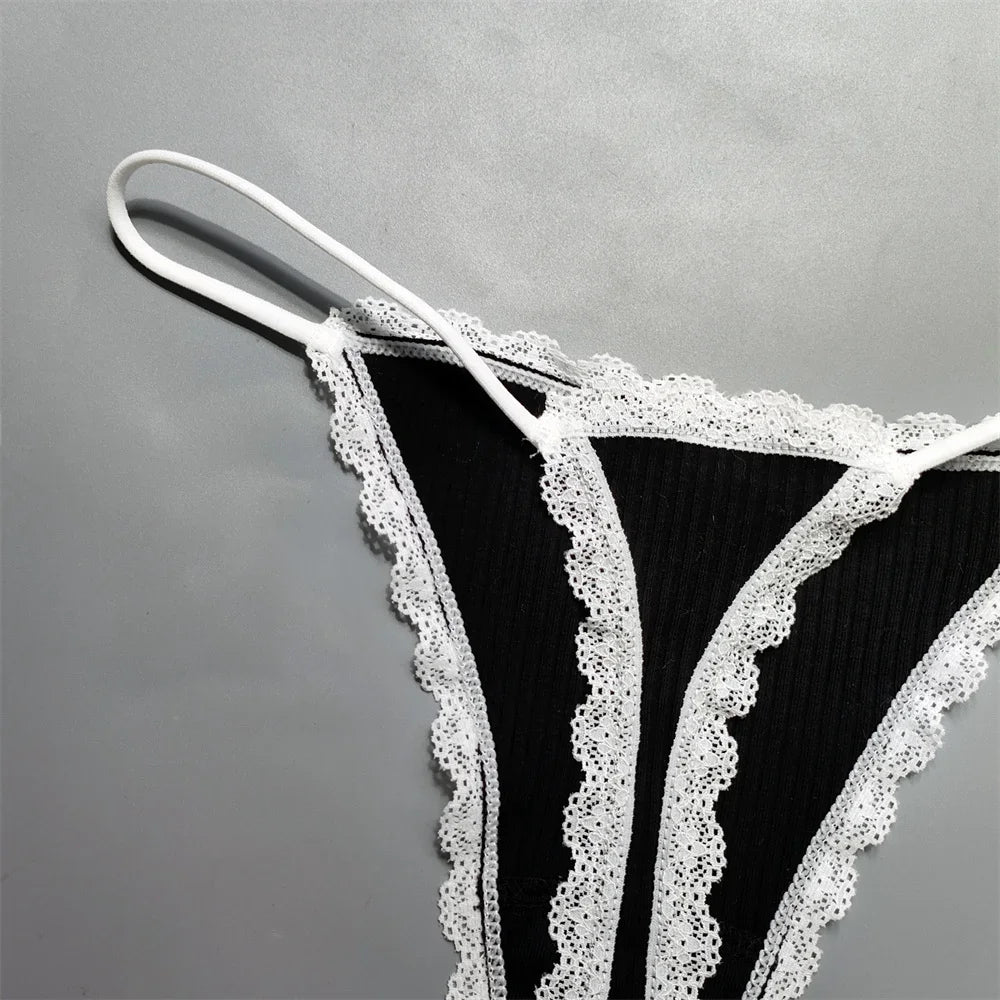 2PCS Cotton Lace Trim Underwear Woman Sexy Thong Lingerie Soft Ribbed Strings T-back Underwear Plus Size S-XL