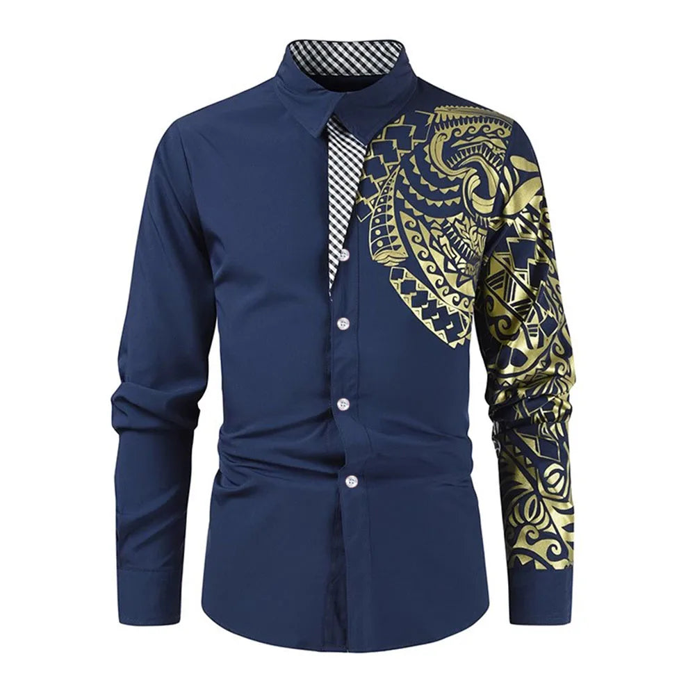 New Fashion Men's Shirt Gold Stamping Printing Long Sleeve Shirt Slim Fit Causal Turn Down Collar Hot Sale