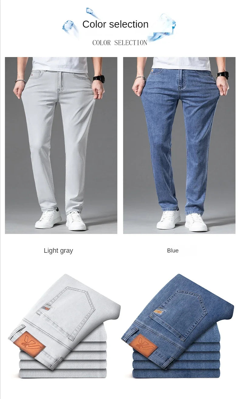 2024 New in Streetwear New Men's Light Gray Thin Slim Fit Jeans  Business Stretch Denim Trousers Male Pants