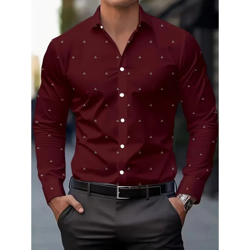 Men's Long Sleeve Geometric Line Print Dress Shirt Slim Fit Formal Casual Button Down Business Top Camisa Masculina De Negócios
