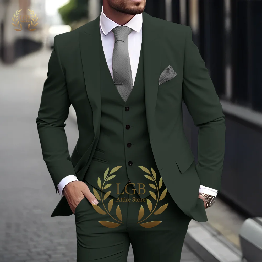 Men's Khaki 3-Piece Suit Classic Peak Lapel Business Formal Wedding Groom Slim Fit Elegant Gentleman Style Fashion Blazer
