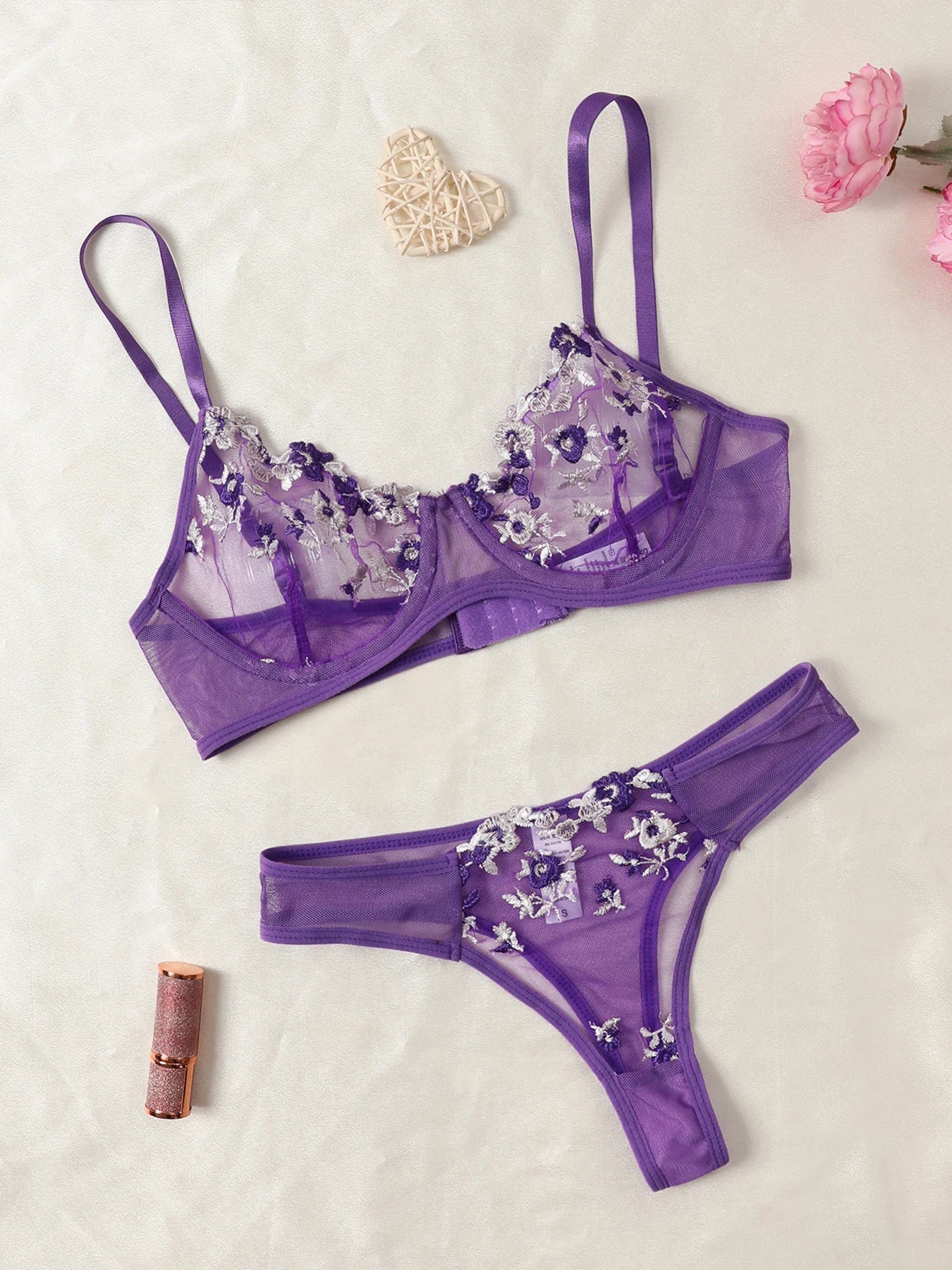 Purple Fancy Lingerie Set Female Underwear Embroidery Flower Bra And Panty Sets Women Outfits