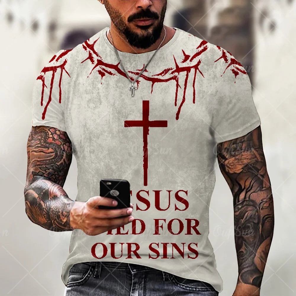 New Fashion Personality Men's T-Shirt Christian Cross Pattern 3D Printed Retro Short Sleeve O Neck Quick Dry High Quality Top