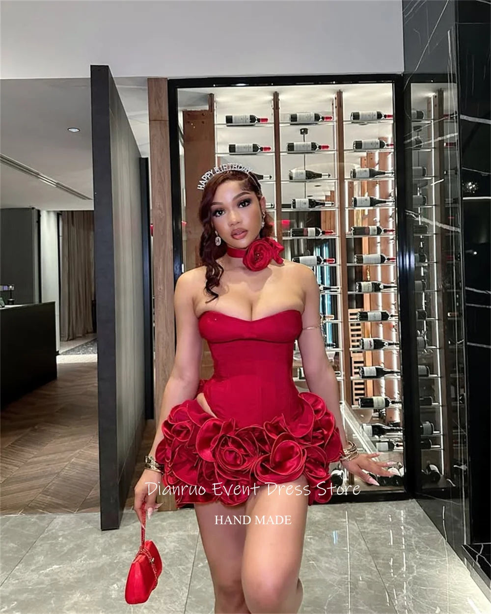 Dianruo Satin Sweetheart Prom Dress Red Above Knee Ruched Birthday Dresses Floral Appliques Romantic Evening Dresses Customized