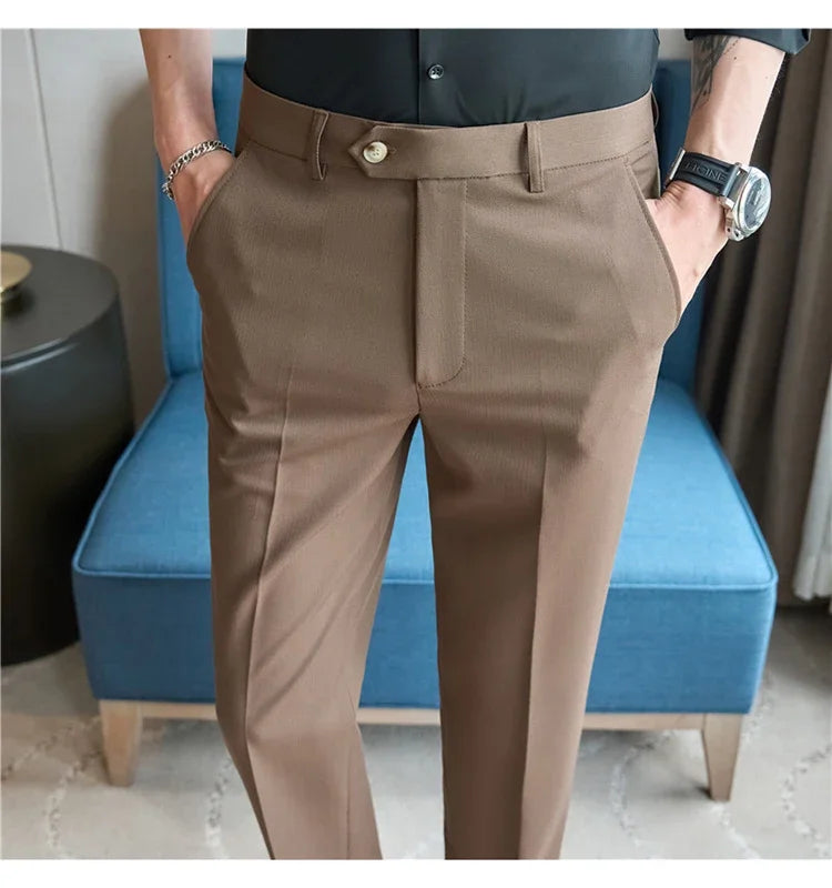 2025  New Autumn Green Premium Dark Stripe Formal Pants for Men,Coffee Slim Small Foot Mens Casual Trousers/Dress Pants Men