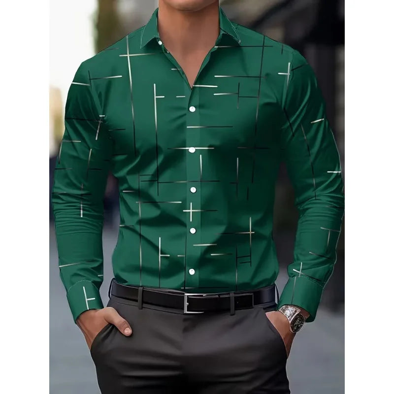 Men's Long Sleeve Geometric Line Print Dress Shirt Slim Fit Formal Casual Button Down Business Top Camisa Masculina De Negócios