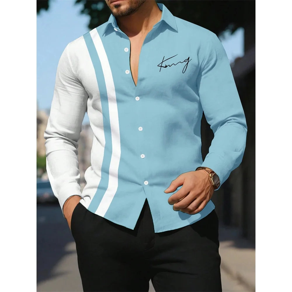 Men's Shirt Letter Striped Print Men's Long-Sleeved Shirt Autumn Casual Tops Beach Men Clothing Oversized Men's Fashion Shirts