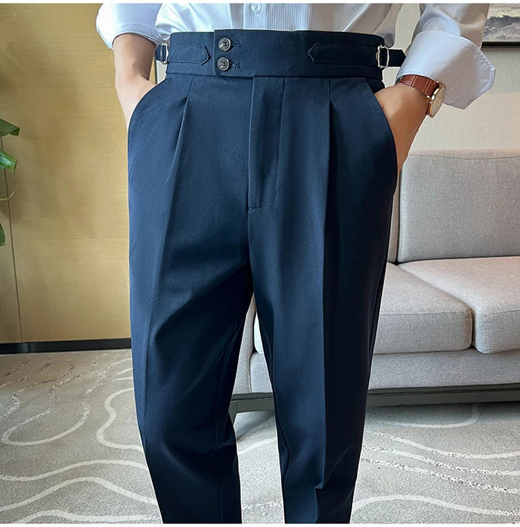 High Quality Neapolitan Mens Suit Pants, Slim Fit Casual Trousers, Blue Vintage High Waist Dress Pants Men ，pantalon Homme Luxe