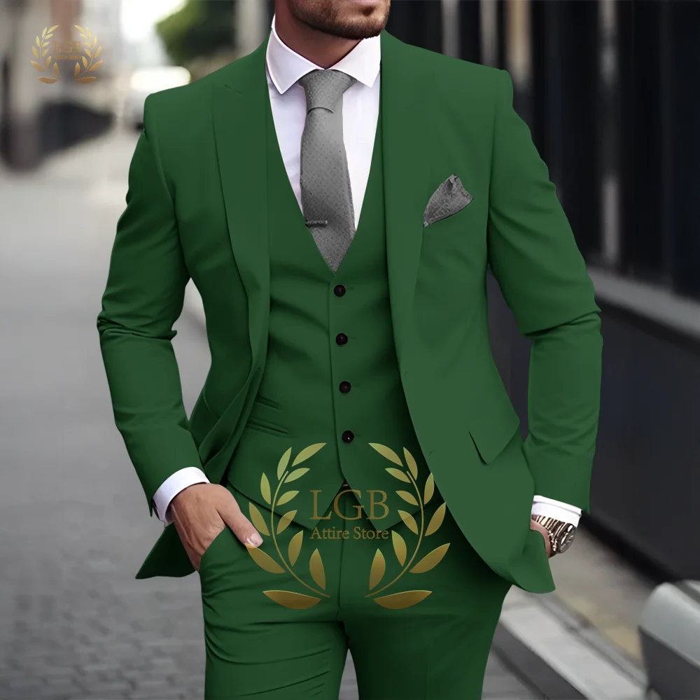 Men's Khaki 3-Piece Suit Classic Peak Lapel Business Formal Wedding Groom Slim Fit Elegant Gentleman Style Fashion Blazer