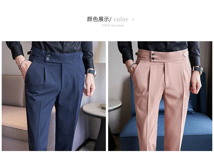 British Style Men High Waist Casual Dress Pant Men Belt Design Pink Trousers Formal Office Social Wedding Party Dress Suit Pants