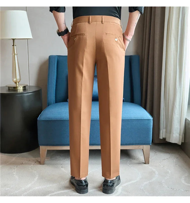 2025  New Autumn Green Premium Dark Stripe Formal Pants for Men,Coffee Slim Small Foot Mens Casual Trousers/Dress Pants Men