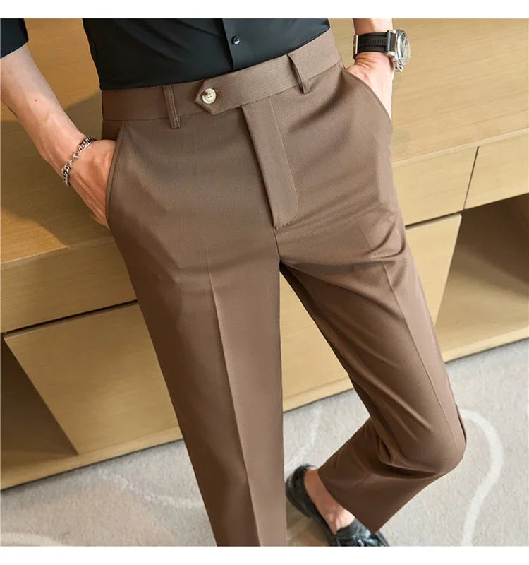 2025  New Autumn Green Premium Dark Stripe Formal Pants for Men,Coffee Slim Small Foot Mens Casual Trousers/Dress Pants Men