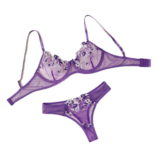 Purple Fancy Lingerie Set Female Underwear Embroidery Flower Bra And Panty Sets Women Outfits