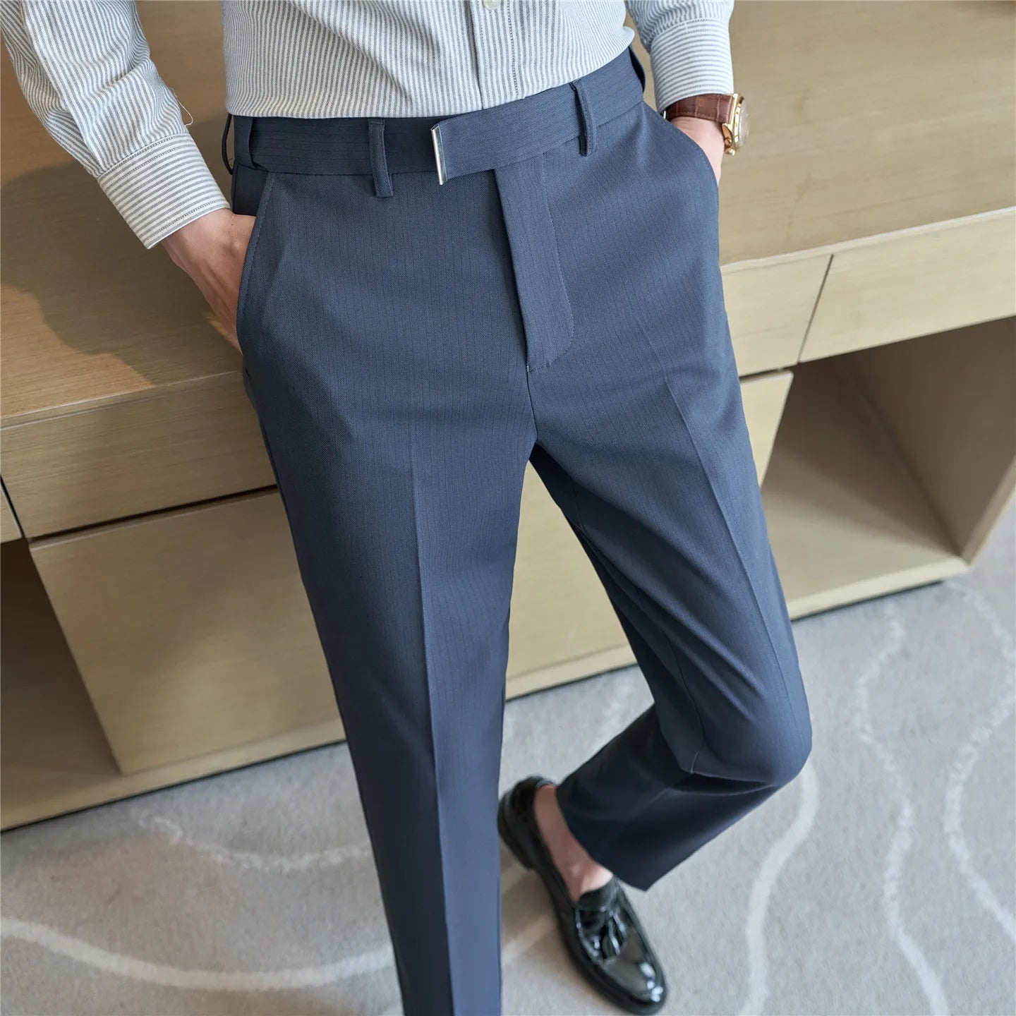2026 Men's Suit Pants – Striped Formal Trousers in Brown, High-Quality Business Slim Fit Dress Pants for Office & Wedding Wear.