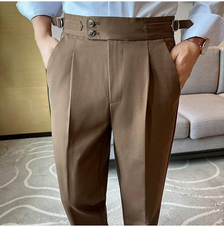 High Quality Neapolitan Mens Suit Pants, Slim Fit Casual Trousers, Blue Vintage High Waist Dress Pants Men ，pantalon Homme Luxe