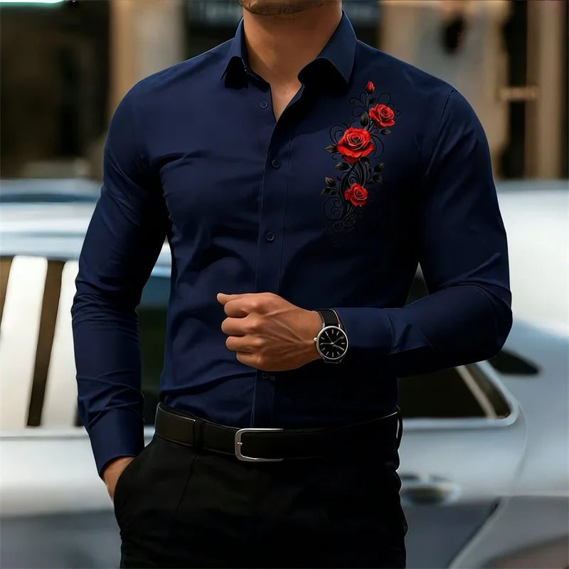 Men's Long-Sleeved Shirt, Featuring a Vintage Red Rose Print Design. A Stylish Business Casual Shirt and Fashionable Men's Top.