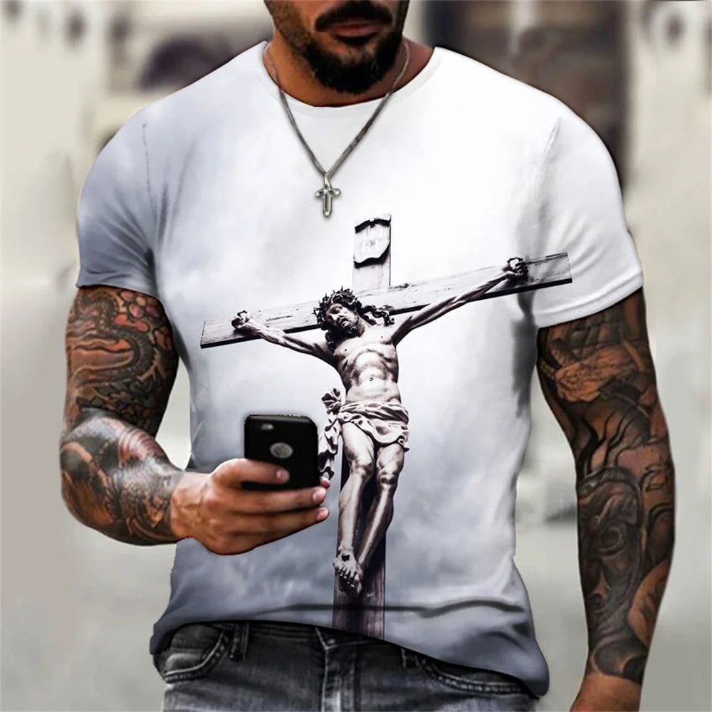 New Fashion Personality Men's T-Shirt Christian Cross Pattern 3D Printed Retro Short Sleeve O Neck Quick Dry High Quality Top