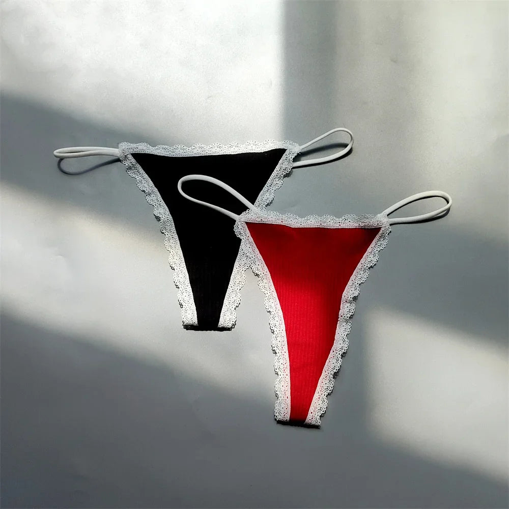 2PCS Cotton Lace Trim Underwear Woman Sexy Thong Lingerie Soft Ribbed Strings T-back Underwear Plus Size S-XL