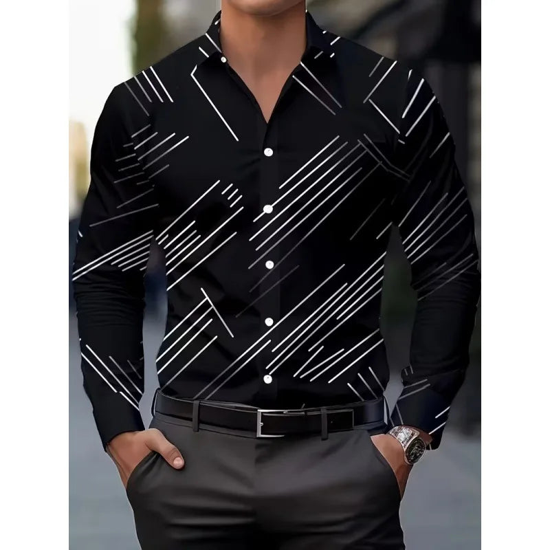 Men's Long Sleeve Geometric Line Print Dress Shirt Slim Fit Formal Casual Button Down Business Top Camisa Masculina De Negócios