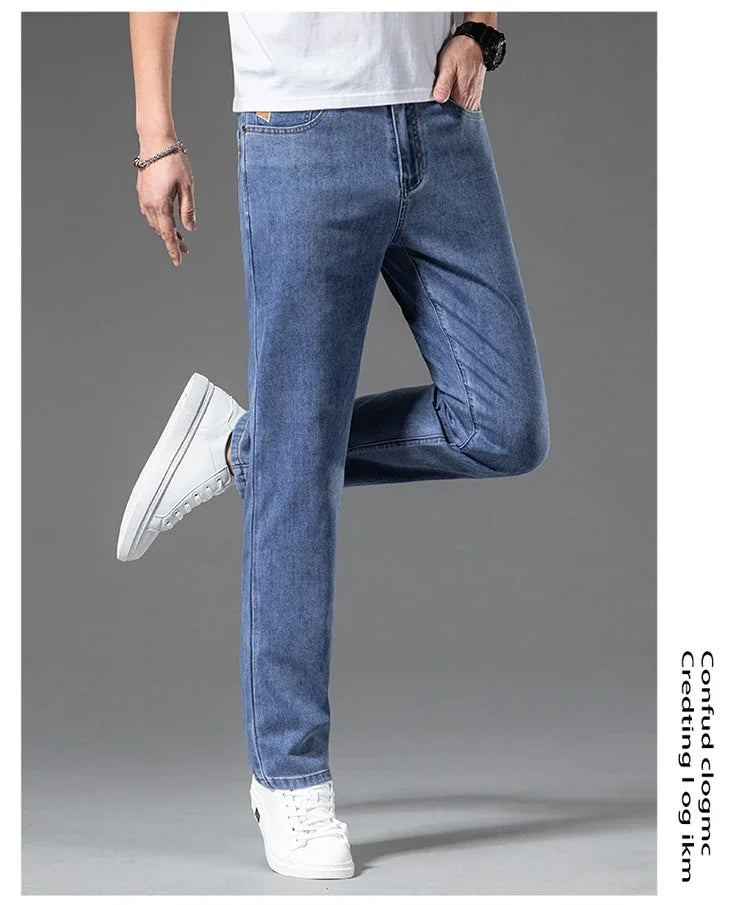 2024 New in Streetwear New Men's Light Gray Thin Slim Fit Jeans  Business Stretch Denim Trousers Male Pants
