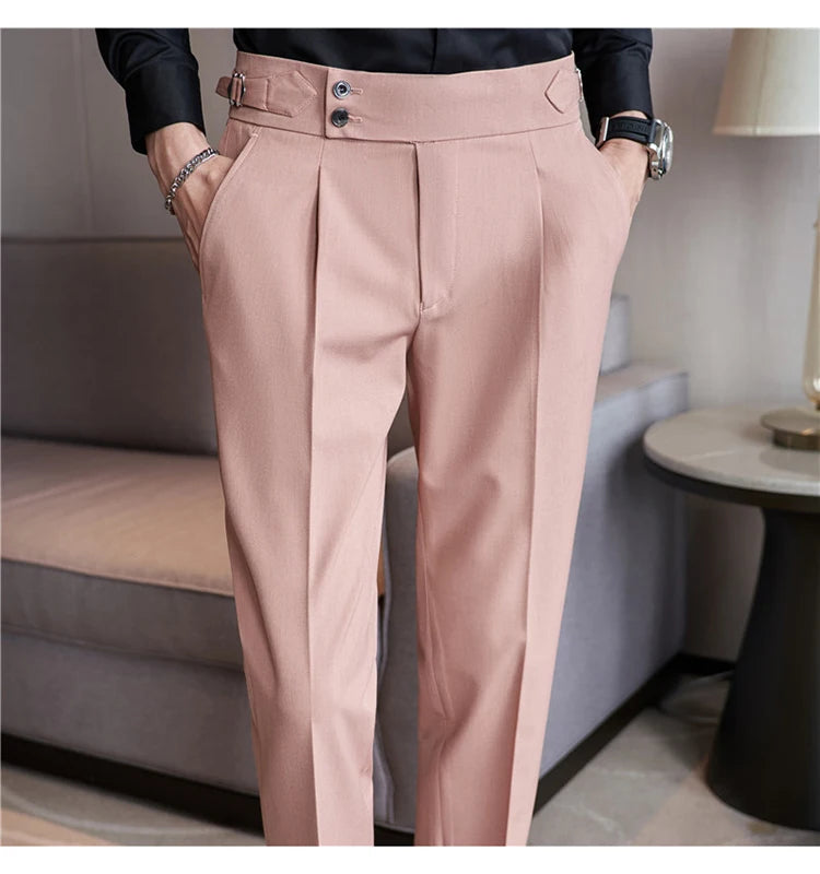 British Style Men High Waist Casual Dress Pant Men Belt Design Pink Trousers Formal Office Social Wedding Party Dress Suit Pants
