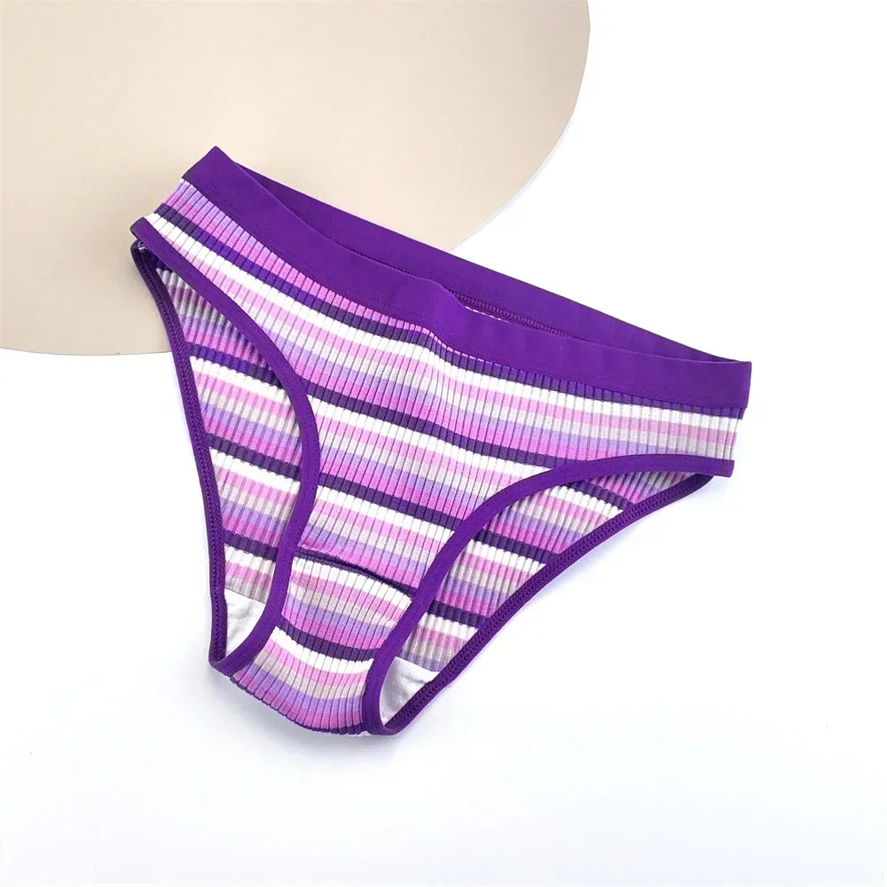 CRWC 3Pcs Cotton Pants Women Underwear Low Waist Striped Briefs Colorful Girls Cute Stretch Lingerie Plus Size