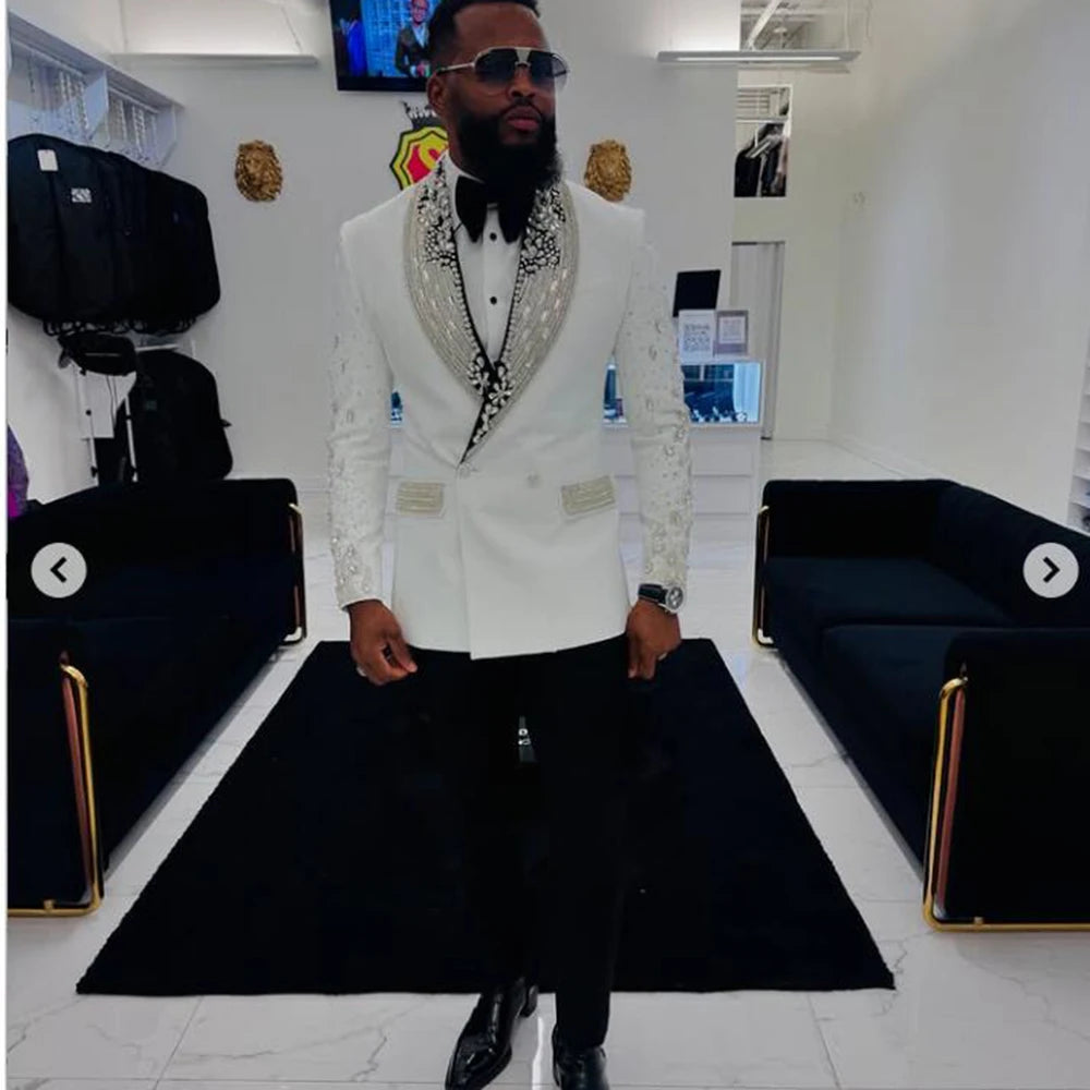 Luxury Beads Crystals Men Suit Attire Shiny Lapel Groom Tuxedos 2 Piece Man Fashion Party Prom Blazer Customized Costume Homme