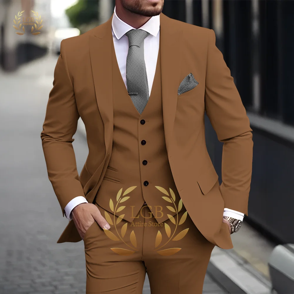 Men's Khaki 3-Piece Suit Classic Peak Lapel Business Formal Wedding Groom Slim Fit Elegant Gentleman Style Fashion Blazer