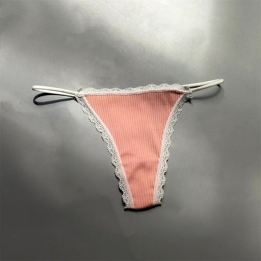 2PCS Cotton Lace Trim Underwear Woman Sexy Thong Lingerie Soft Ribbed Strings T-back Underwear Plus Size S-XL
