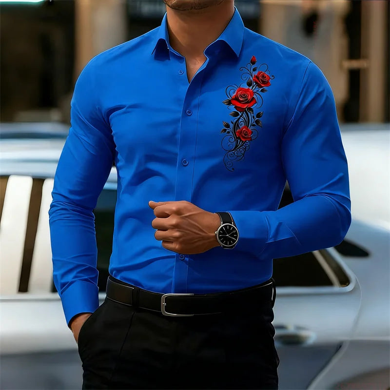 Men's Long-Sleeved Shirt, Featuring a Vintage Red Rose Print Design. A Stylish Business Casual Shirt and Fashionable Men's Top.