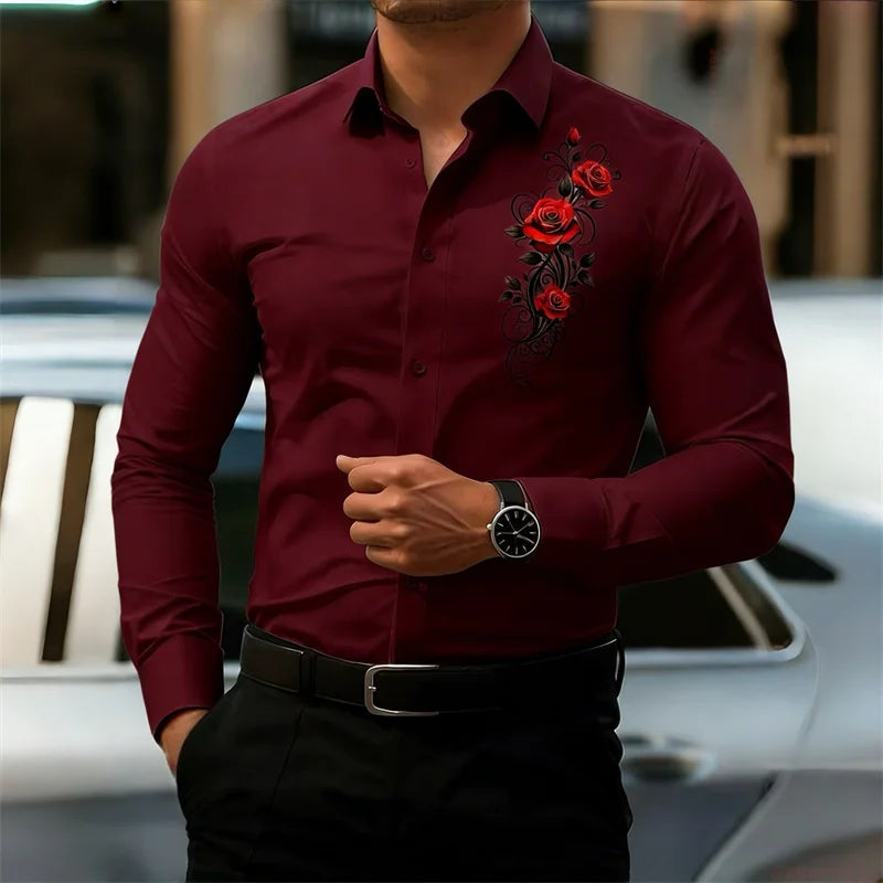 Men's Long-Sleeved Shirt, Featuring a Vintage Red Rose Print Design. A Stylish Business Casual Shirt and Fashionable Men's Top.