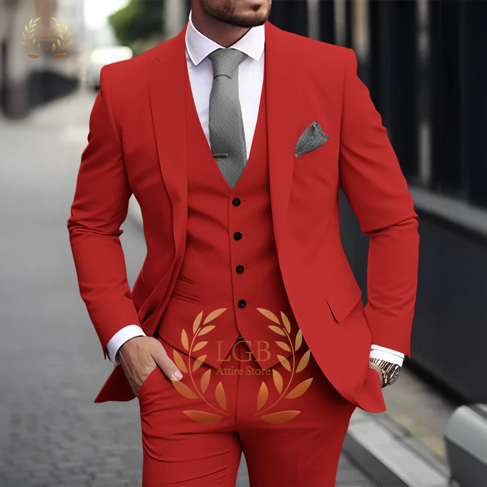 Men's Khaki 3-Piece Suit Classic Peak Lapel Business Formal Wedding Groom Slim Fit Elegant Gentleman Style Fashion Blazer
