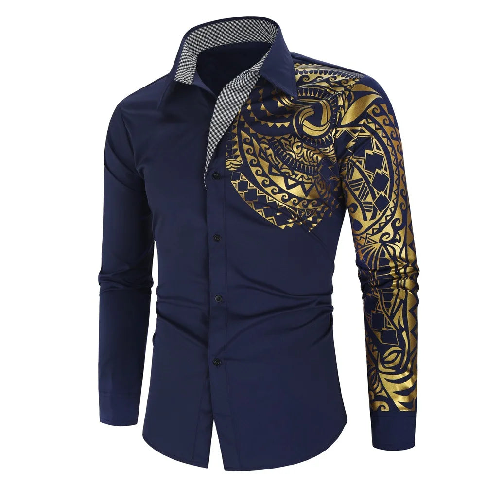 New Fashion Men's Shirt Gold Stamping Printing Long Sleeve Shirt Slim Fit Causal Turn Down Collar Hot Sale