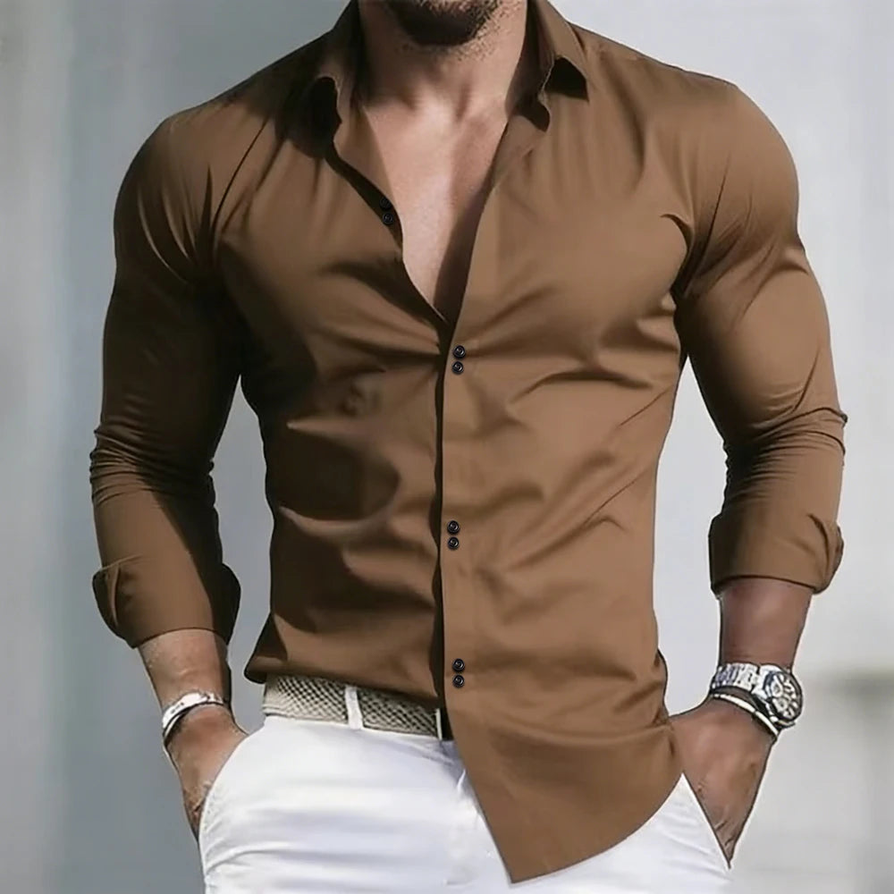 2026 Solid Color Men's Shirt Casual White Shirt High Quality Solid Color Long Sleeve Stretch Fabric Business Formal Shirt XS-6XL