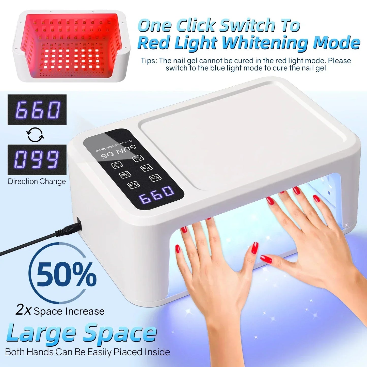 480W UV LED Lamp for Nails 108 LEDs Nail Dryer with Red Light Whitening Mode Large Space Manicure Lamp 4 Timer Settings