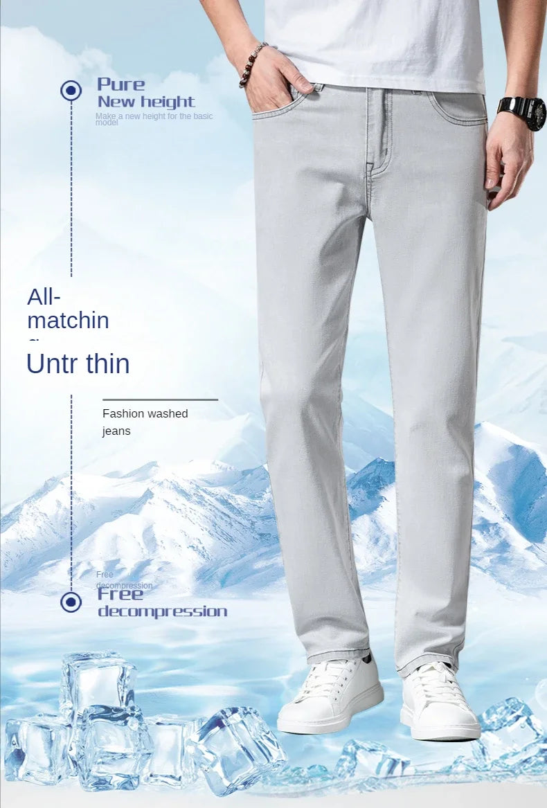 2024 New in Streetwear New Men's Light Gray Thin Slim Fit Jeans  Business Stretch Denim Trousers Male Pants