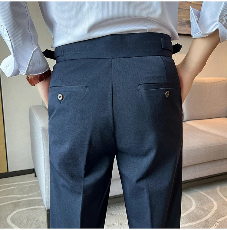 High Quality Neapolitan Mens Suit Pants, Slim Fit Casual Trousers, Blue Vintage High Waist Dress Pants Men ，pantalon Homme Luxe