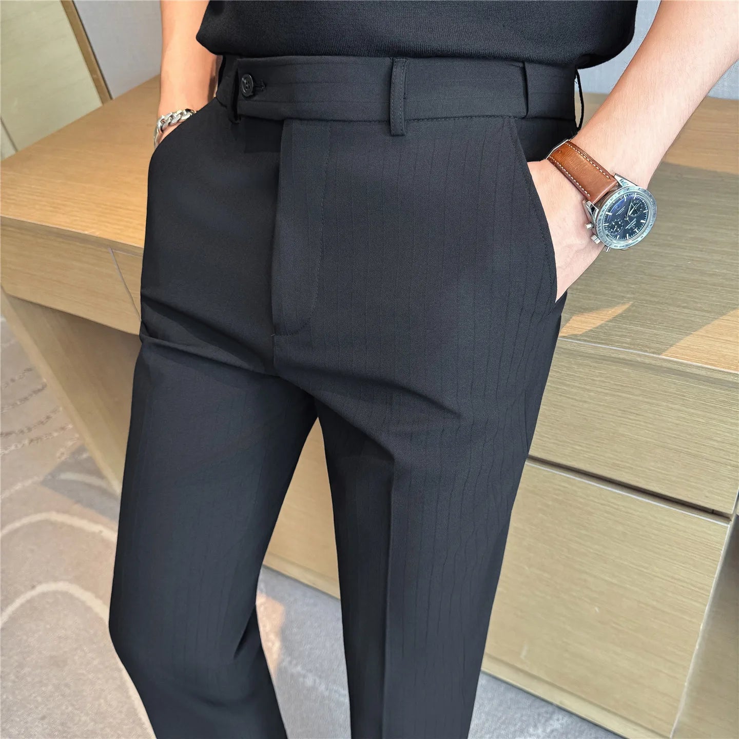 2026 Men's Suit Pants – Striped Formal Trousers in Brown, High-Quality Business Slim Fit Dress Pants for Office & Wedding Wear.