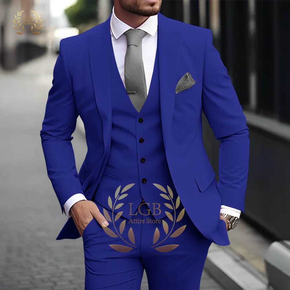 Men's Khaki 3-Piece Suit Classic Peak Lapel Business Formal Wedding Groom Slim Fit Elegant Gentleman Style Fashion Blazer