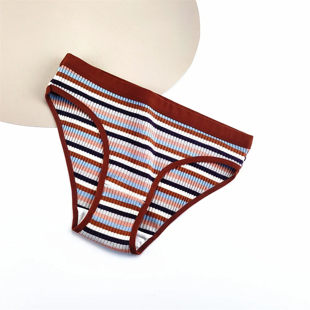 CRWC 3Pcs Cotton Pants Women Underwear Low Waist Striped Briefs Colorful Girls Cute Stretch Lingerie Plus Size
