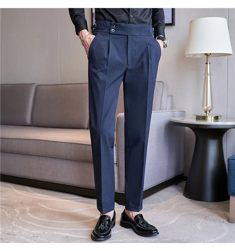 British Style Men High Waist Casual Dress Pant Men Belt Design Pink Trousers Formal Office Social Wedding Party Dress Suit Pants