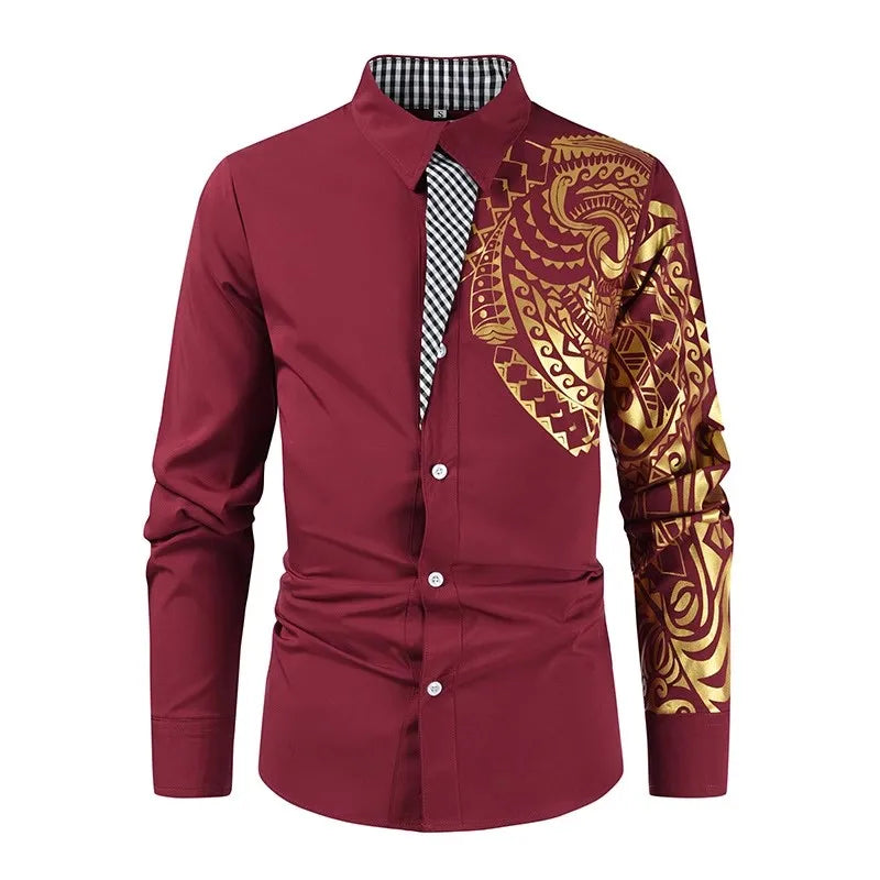 New Fashion Men's Shirt Gold Stamping Printing Long Sleeve Shirt Slim Fit Causal Turn Down Collar Hot Sale