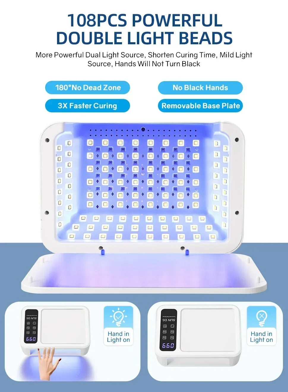 480W UV LED Lamp for Nails 108 LEDs Nail Dryer with Red Light Whitening Mode Large Space Manicure Lamp 4 Timer Settings