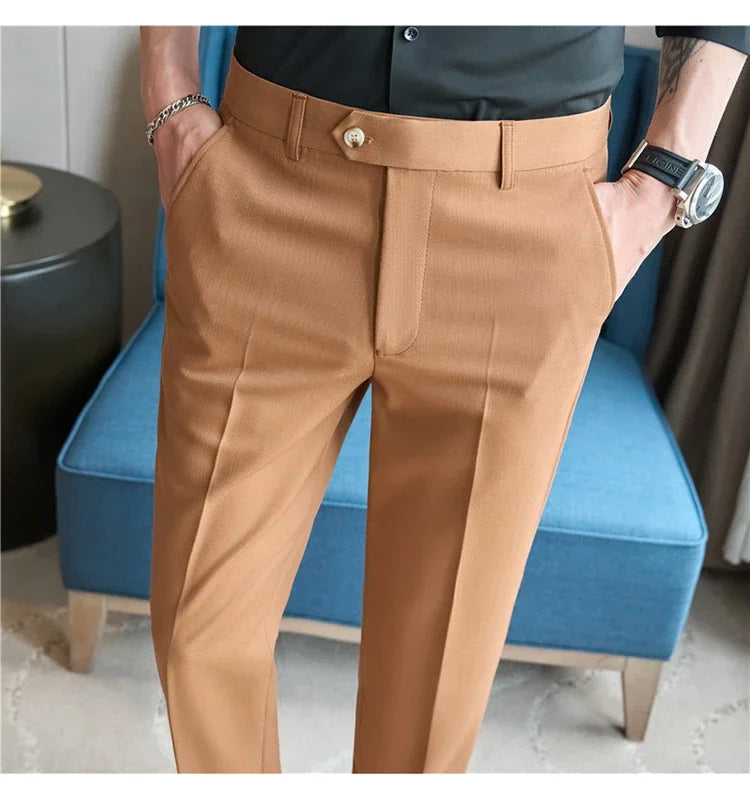 2025  New Autumn Green Premium Dark Stripe Formal Pants for Men,Coffee Slim Small Foot Mens Casual Trousers/Dress Pants Men