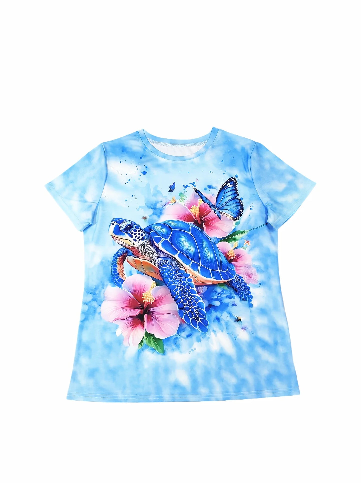 Light Blue Women's Tee - Blue Turtle & Hibiscus Graphic, Tropical Beach Print Design for Casual Daily Wear