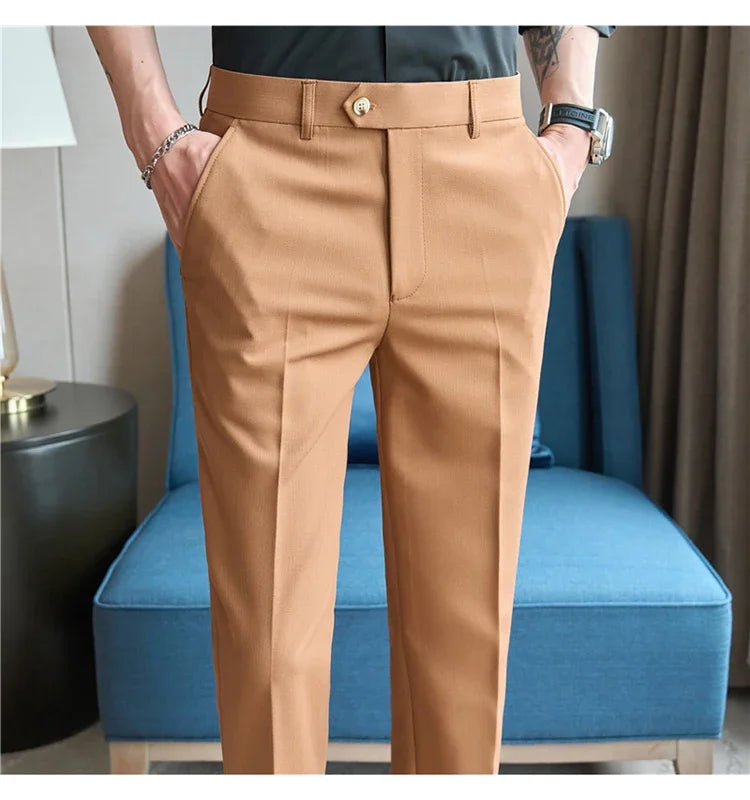 2025  New Autumn Green Premium Dark Stripe Formal Pants for Men,Coffee Slim Small Foot Mens Casual Trousers/Dress Pants Men