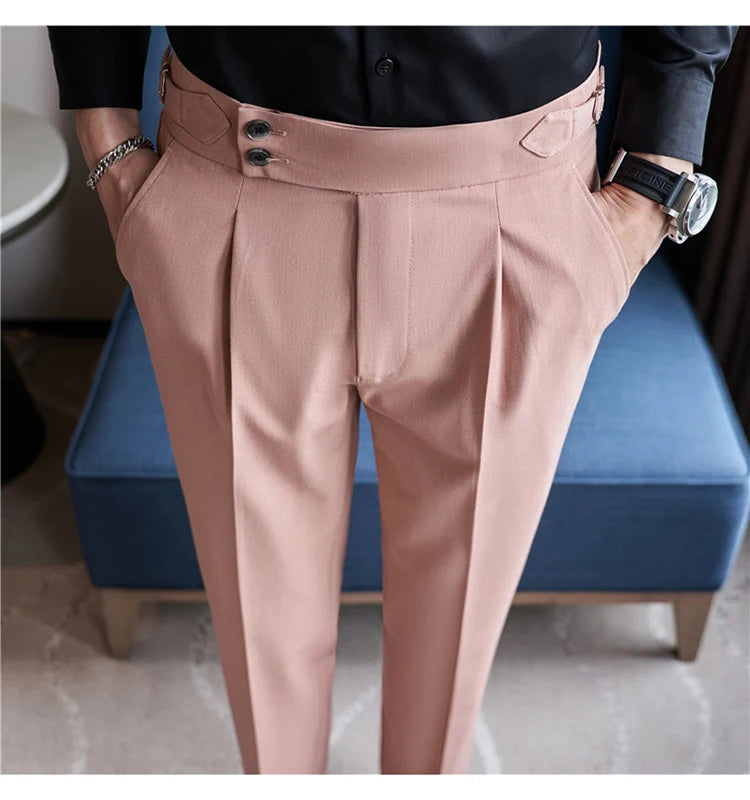 British Style Men High Waist Casual Dress Pant Men Belt Design Pink Trousers Formal Office Social Wedding Party Dress Suit Pants