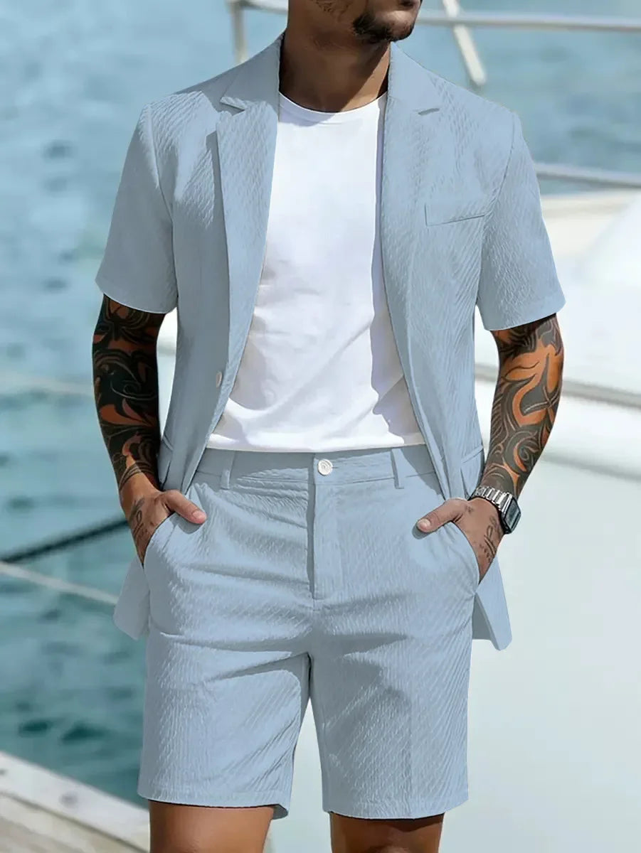 Men Suit Set Summer British Style Solid Color Short Sleeve Male Outfit Slim Breathable Business Wedding Man 2-piece Suit